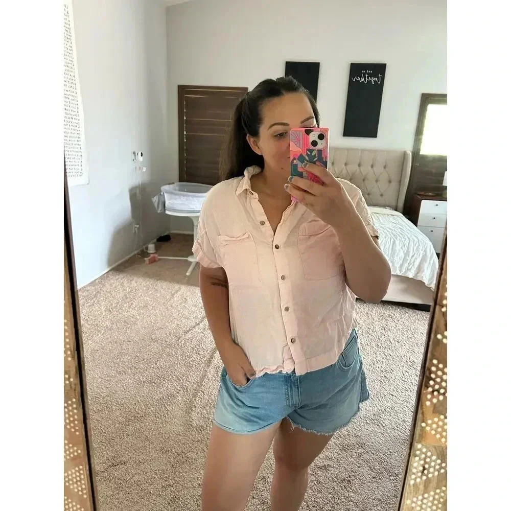 Lola River Linen Tencel Blend Blush Cropped Button Up L